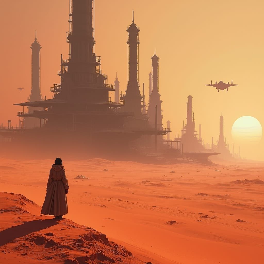 Lone Figure Amidst Crimson Dune Sea and Refinery Complex in ...