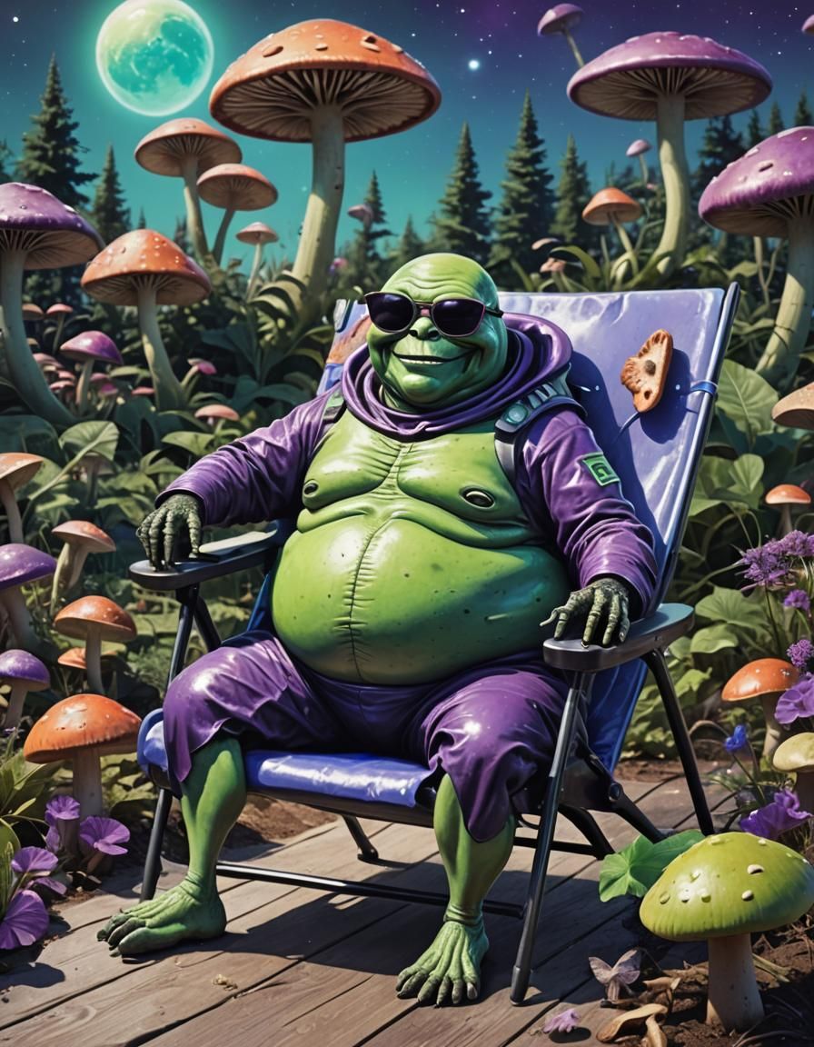 A fat smiling alien relaxing in a deck chair 03