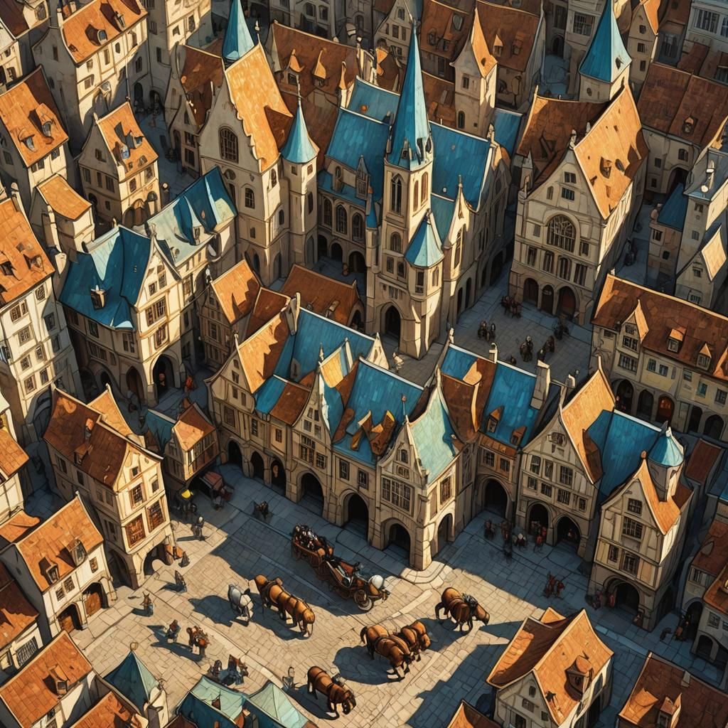 Aerial Medieval Cityscape in Van Gogh Style