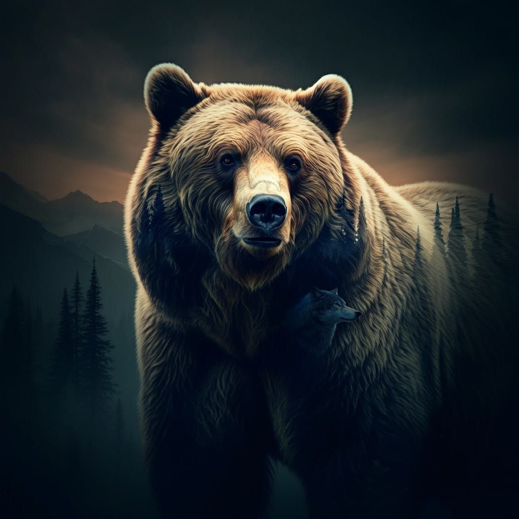 Epic Double Exposure: Bear and Wolf