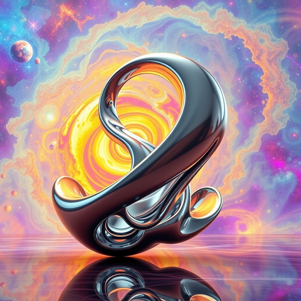 Surreal Metallic Sculpture in Cosmic Nebula