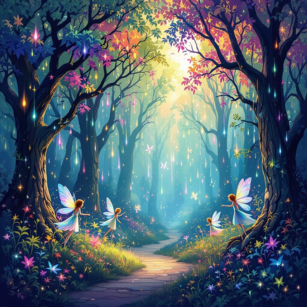 Enchanted Rainbow Forest with Fairies and Luminous Rain