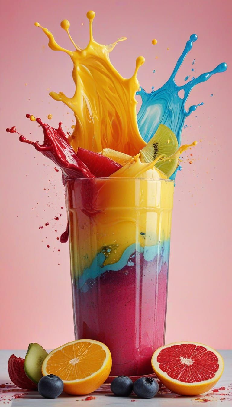 Vibrant Smoothies and Fruit Splash Art on Marble