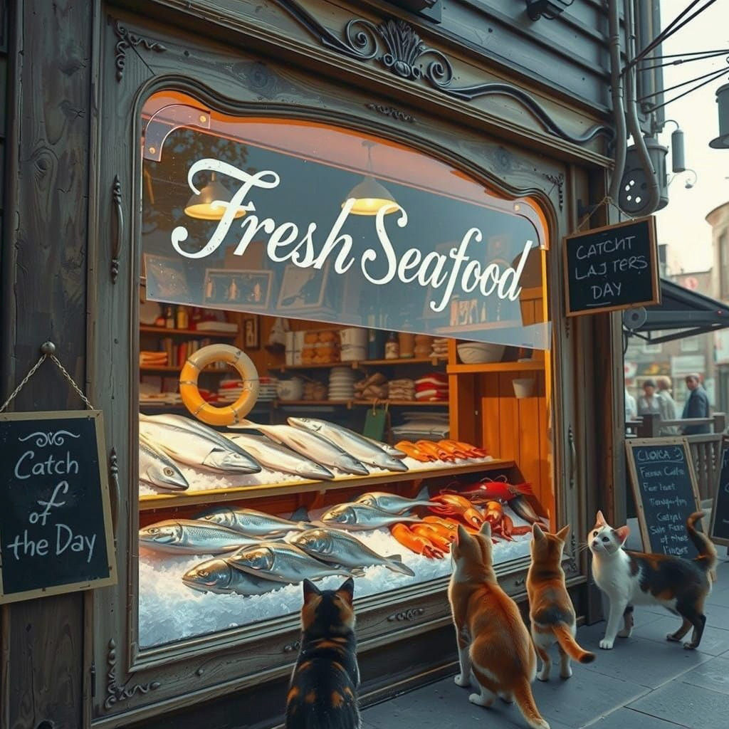 Cats waiting outside a seafood store