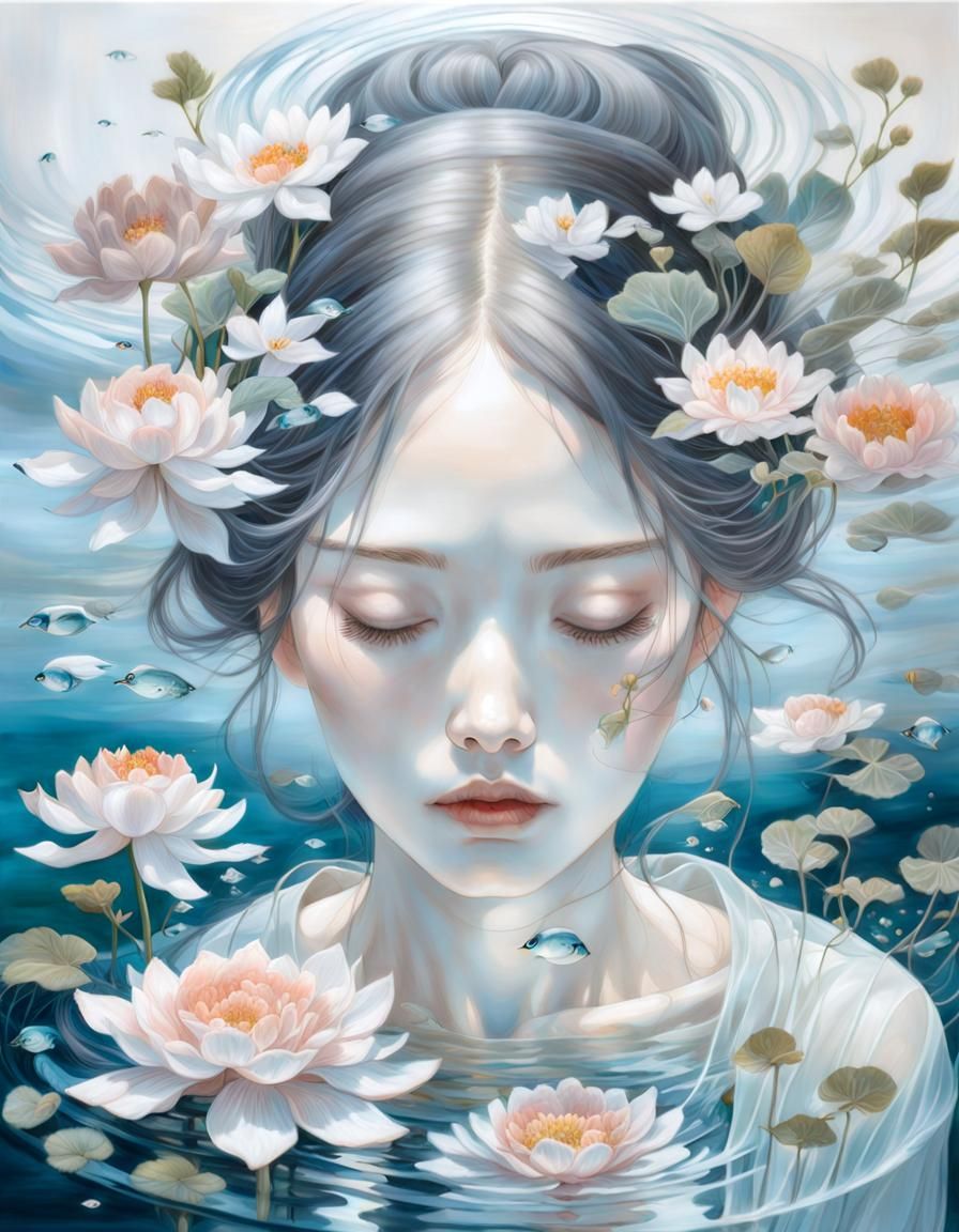 Ethereal Japanese Woman in Hyperrealistic Oil Painting