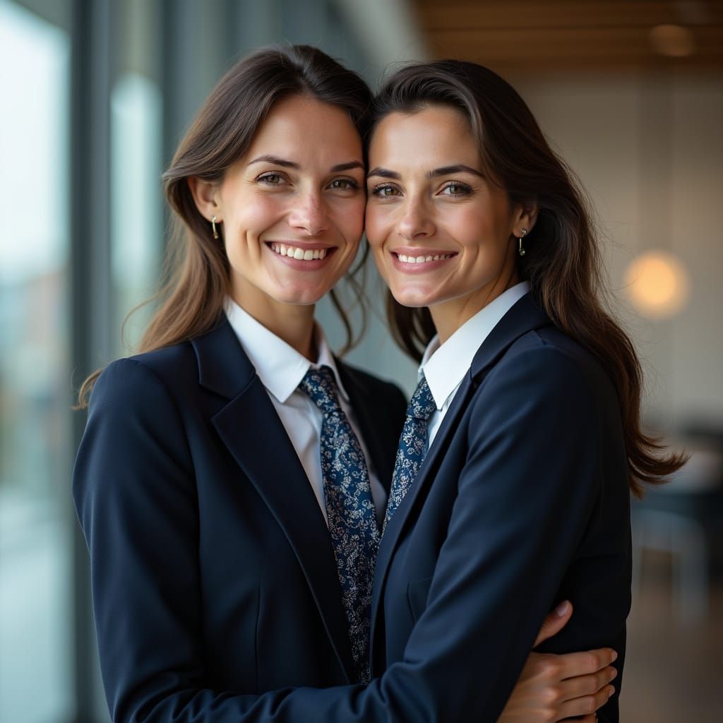 French Businesswomen Embrace in Modern Office, Professional ...