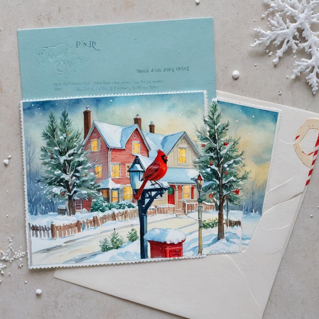 Snowy Winter Wonderland with Cardinal and Christmas Lights