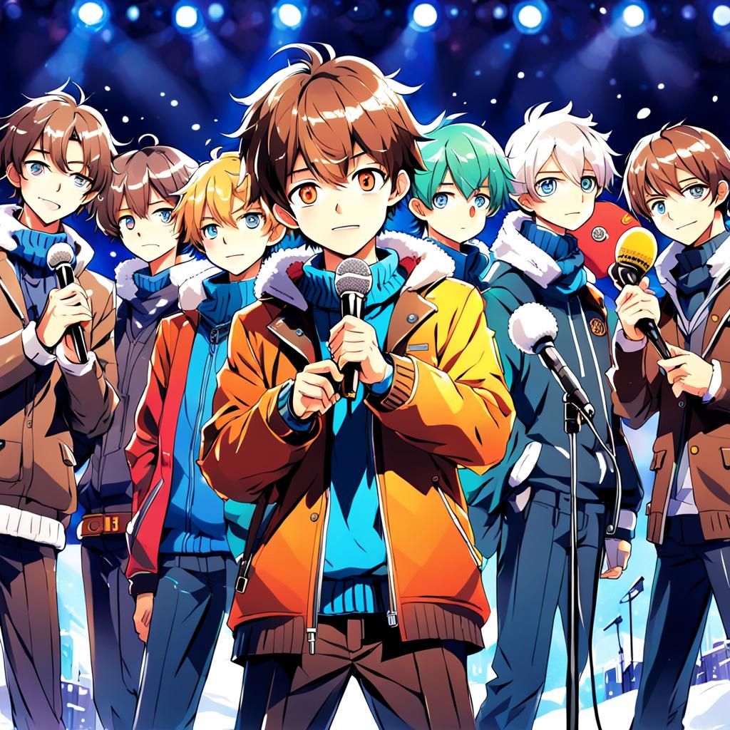Anime Style: Seven Men on Stage with Microphones