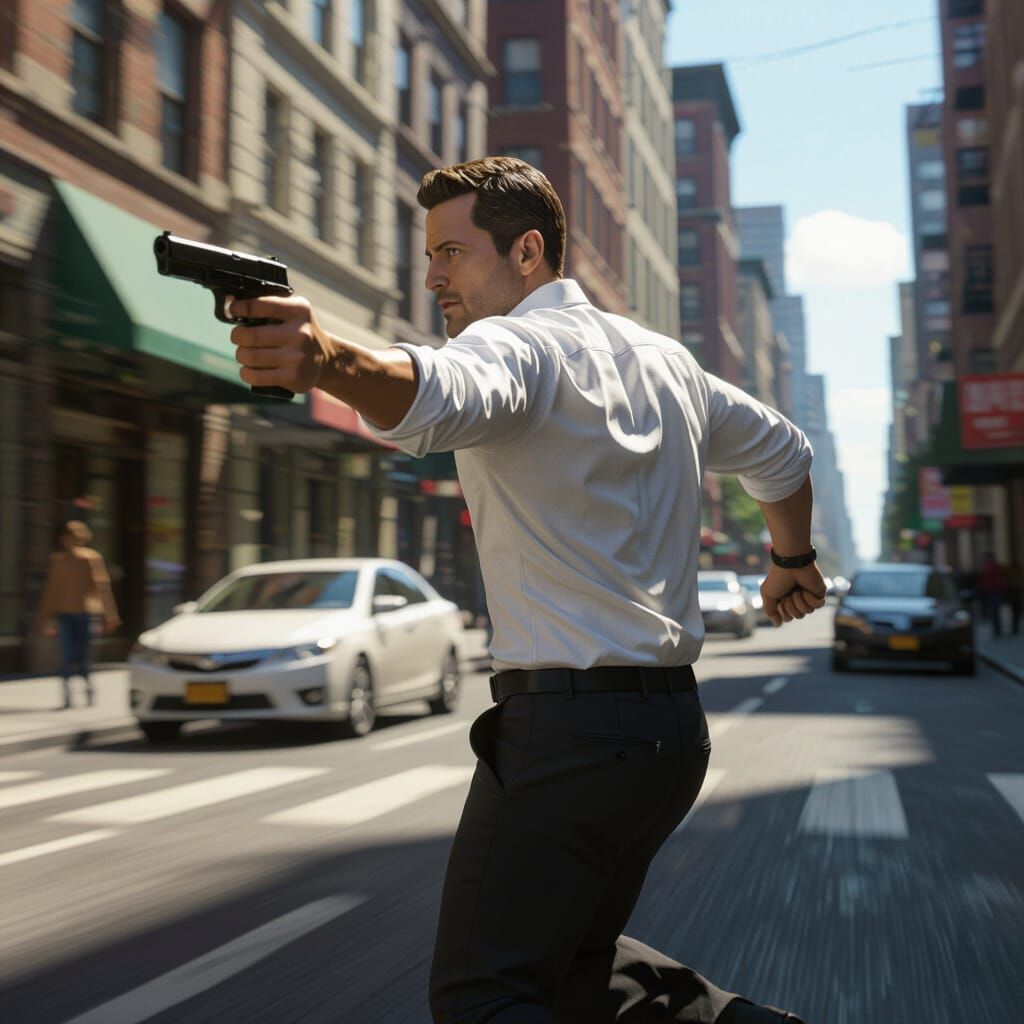 First-Person Chase Scene on Sunny City Street