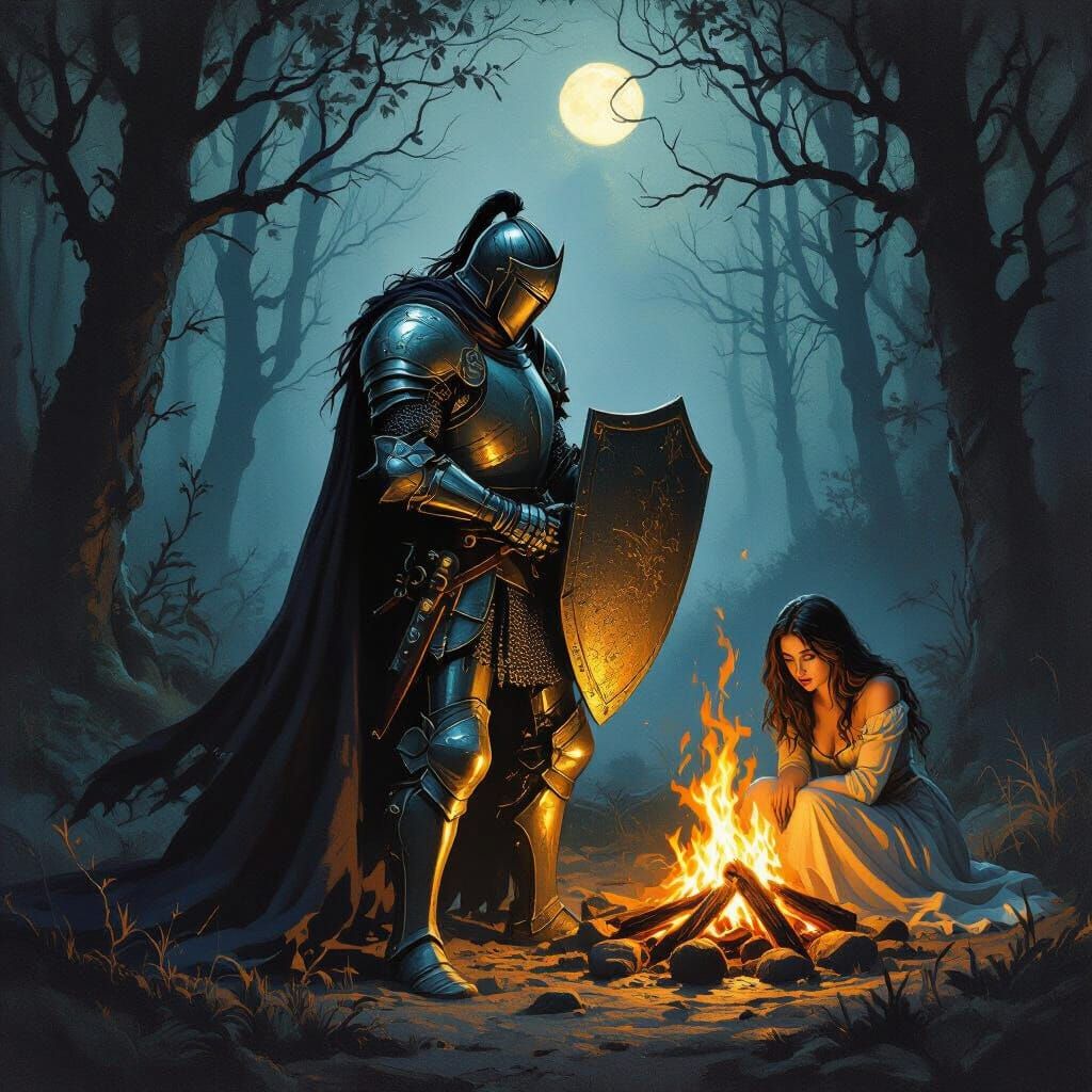 Knight Protects Damsel in Mystical Forest