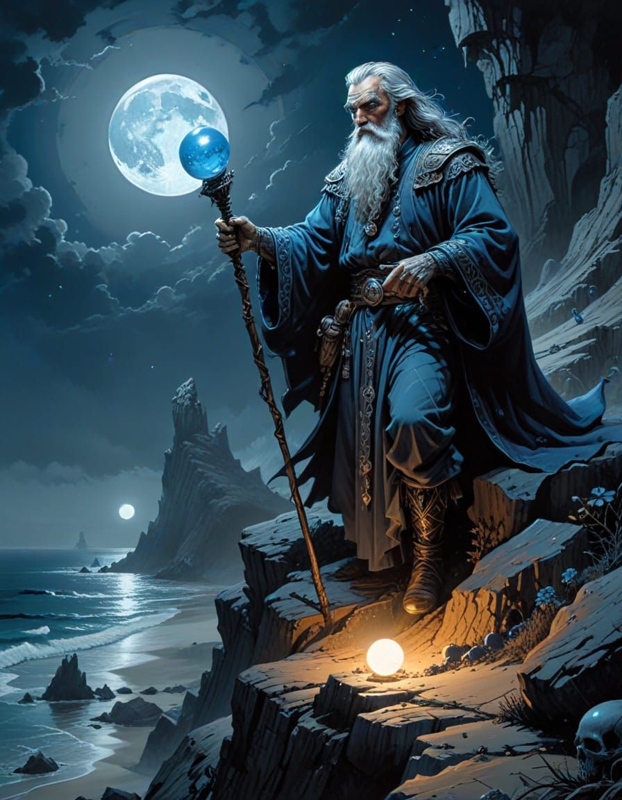 Wizard with Orb on Cliff in Pen and Ink