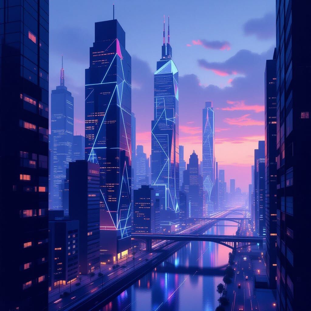 Minimalist Cityscape at Dusk With Glowing Geometric Patterns