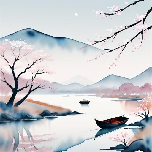 Lunar New Year River Scene in Watercolor Style