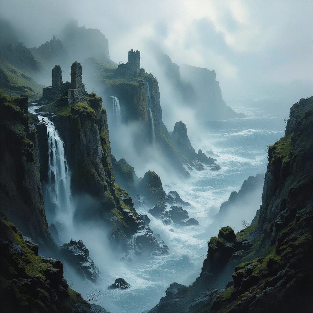 Misty Rocky Island Landscape Painting