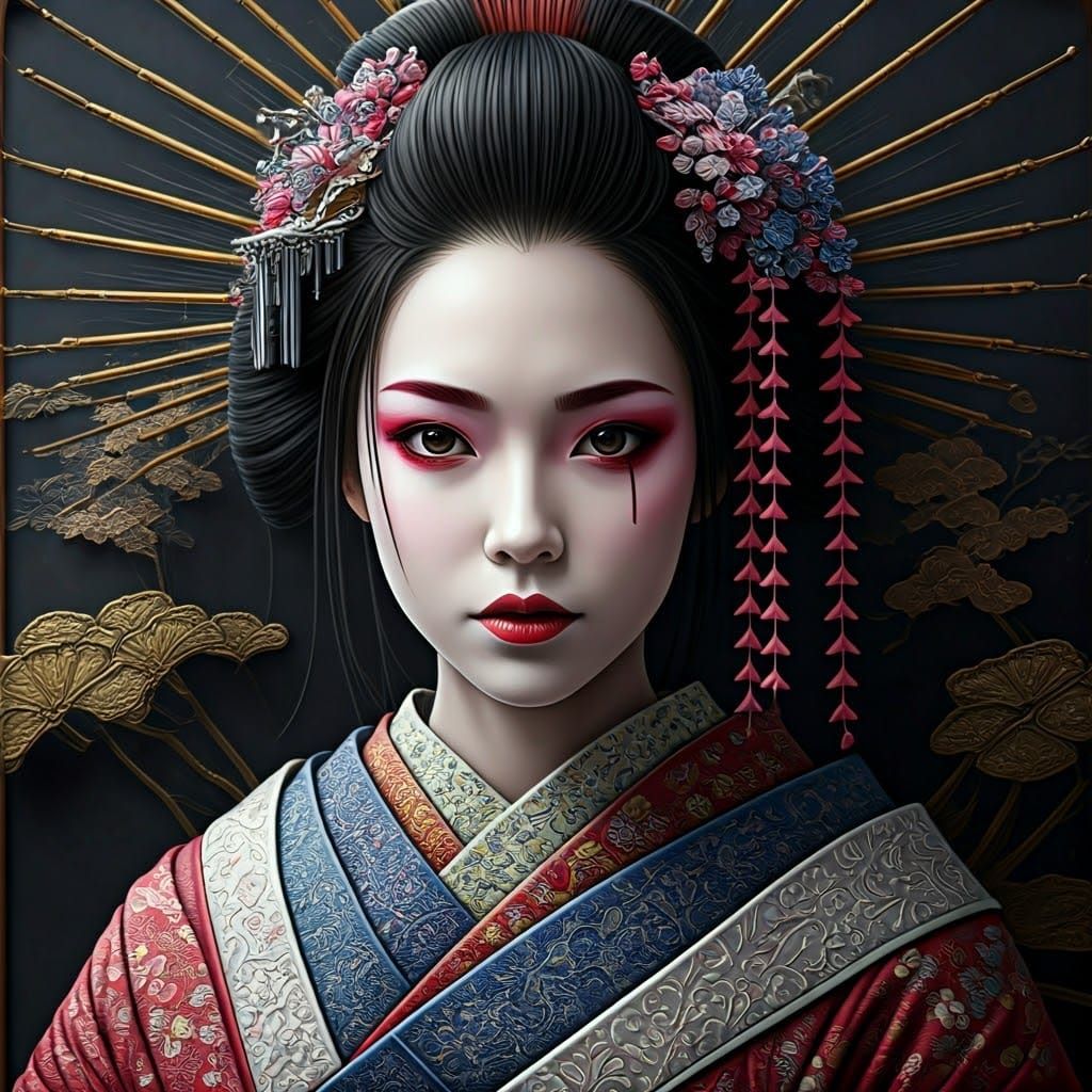 Geisha Portrait in Ornate Threaded Attire