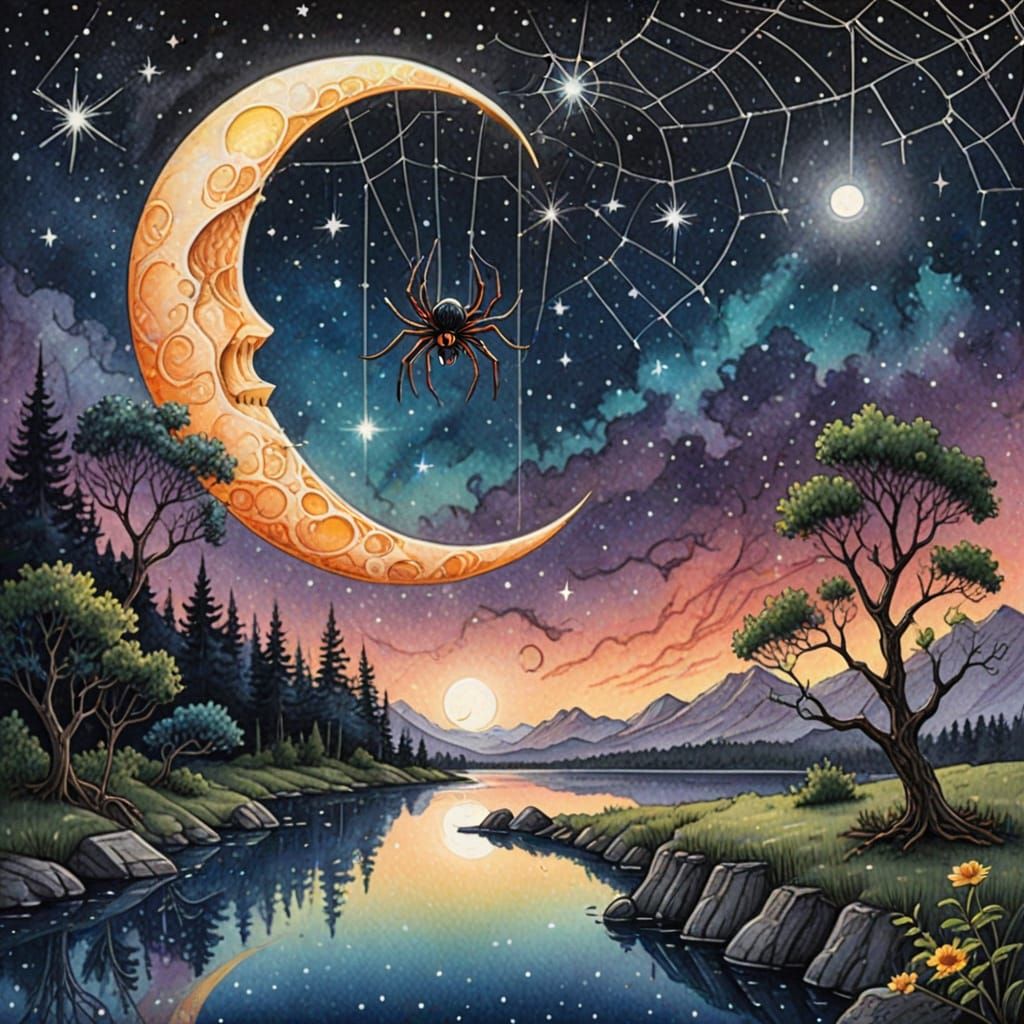 Colored pencil and ink illustration of A peaceful scene, A spider dangles from a web attached to a ginormous crescent mo...