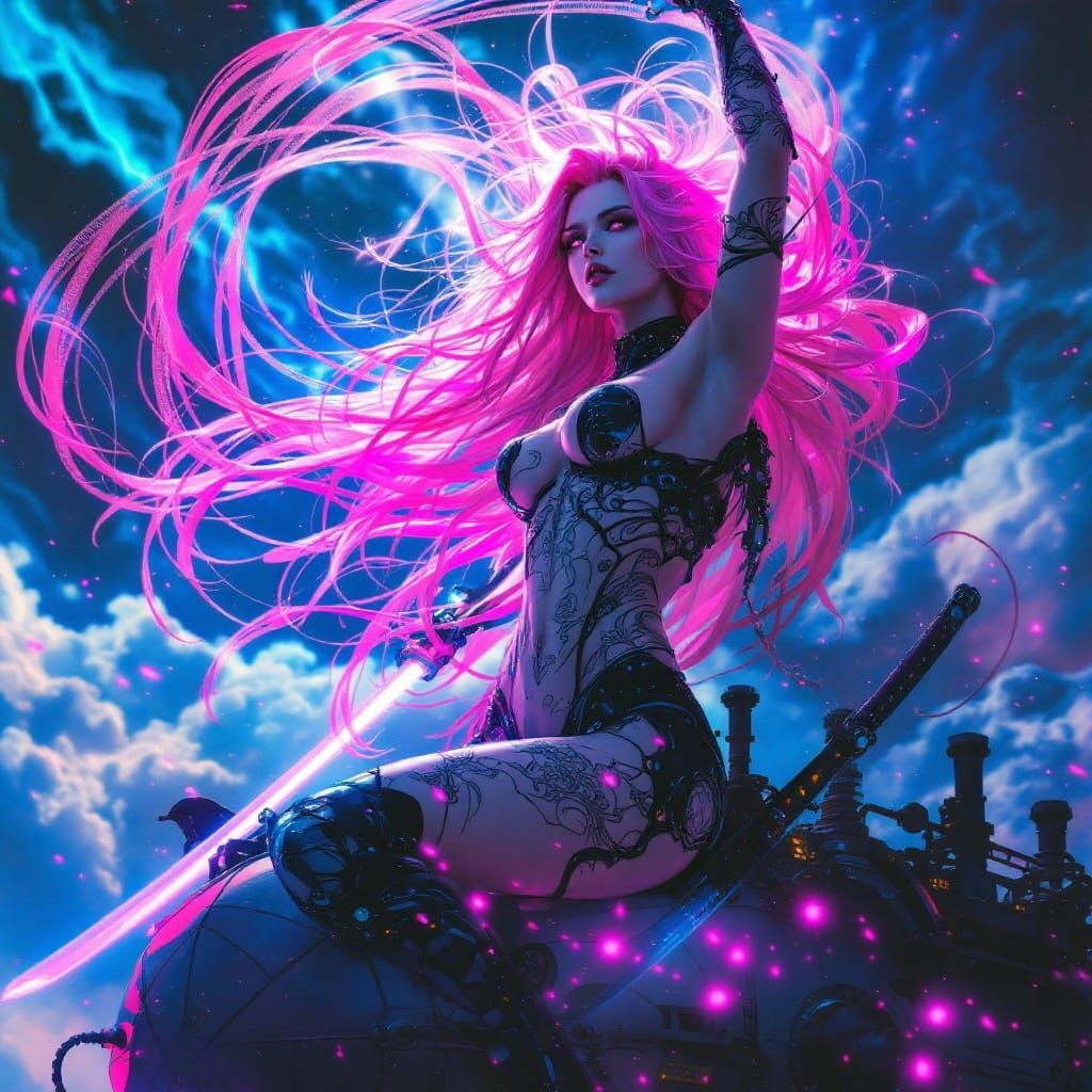 Android Valkyrie on Zeppelin in Cyberpunk Style