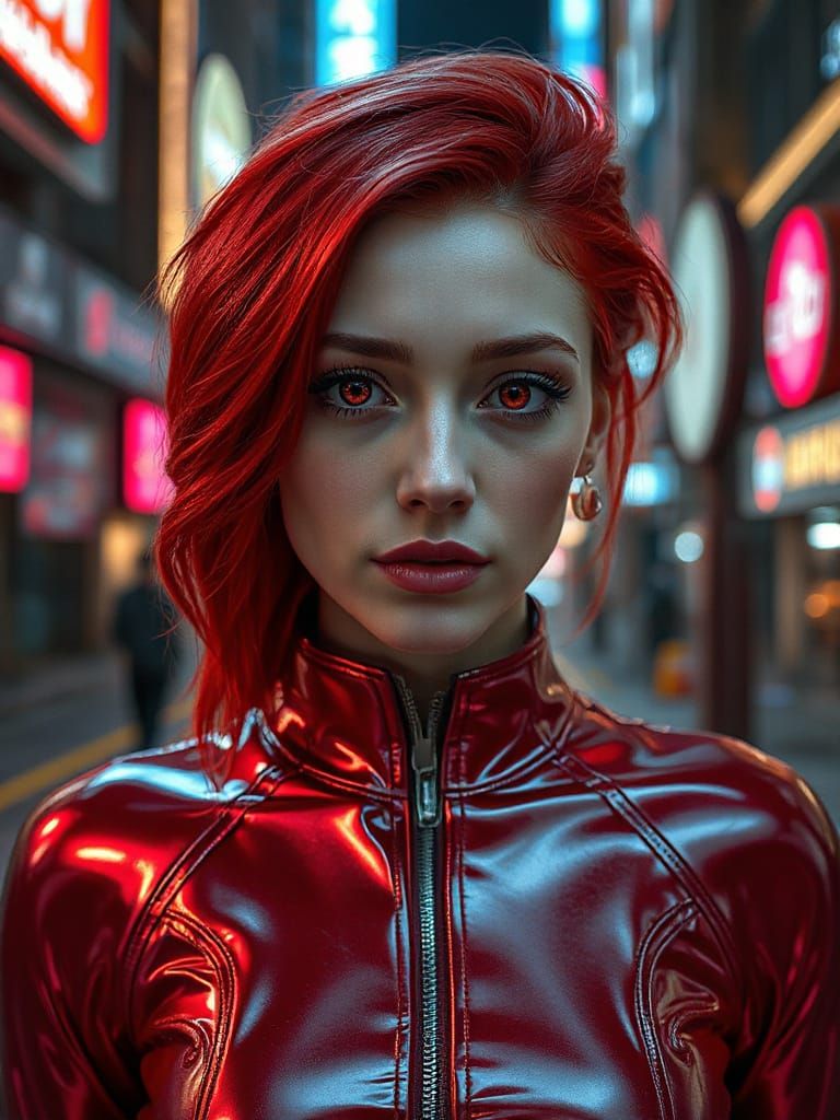 Red-Haired Woman in Sci-Fi City with Piercing Eyes