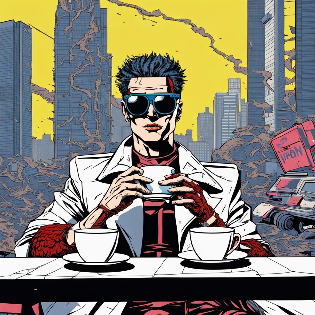 Cyberpunk Man in Lichtenstein Style with Fried Chicken Glass...