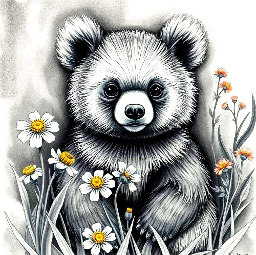 Charcoal Drawing of a Fuzzy Bear in a Floral Landscape