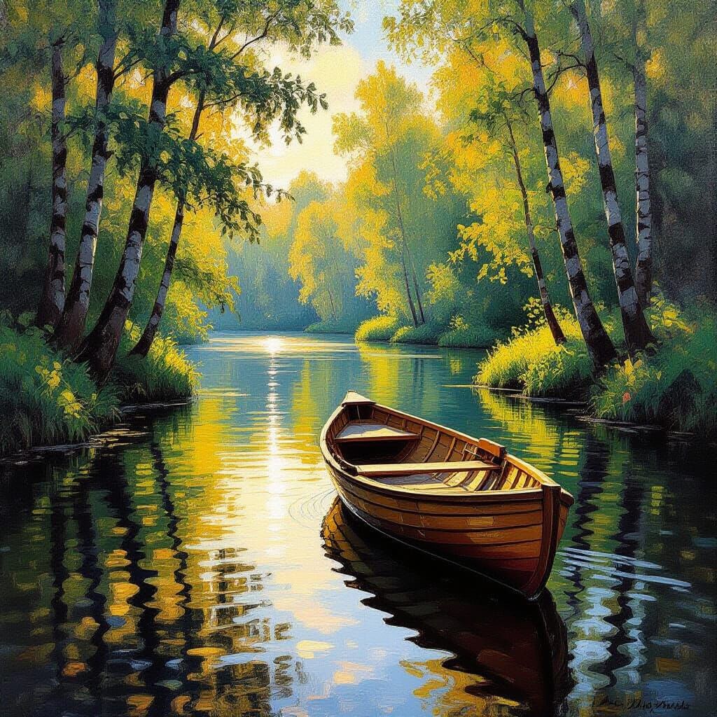 Tranquil River Scene with Empty Boat and Golden Sunlight