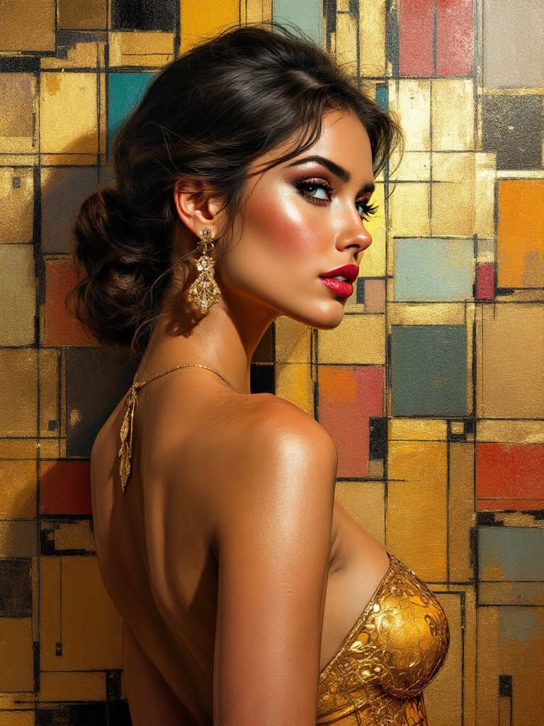 Glamorous Woman Aligns with Geometric Wall Art