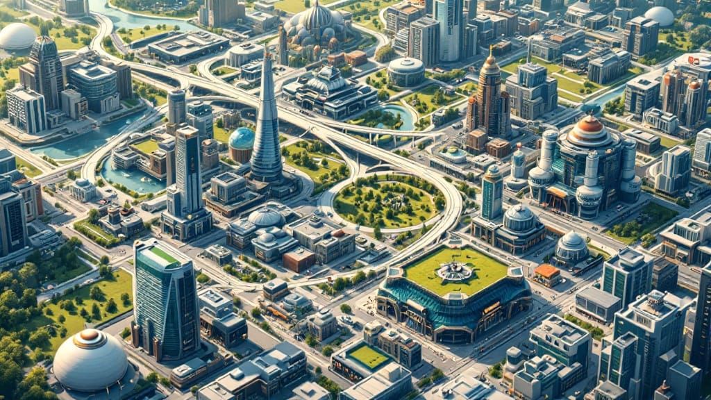 Futuristic Map of a city, with buildings, roads, railroads, ...