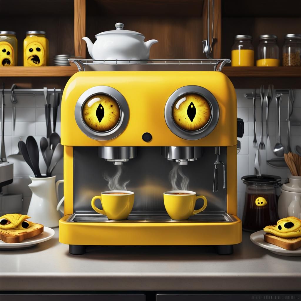 Spooky Kitchen with Evil Espresso Machine, Dark Fantasy Art