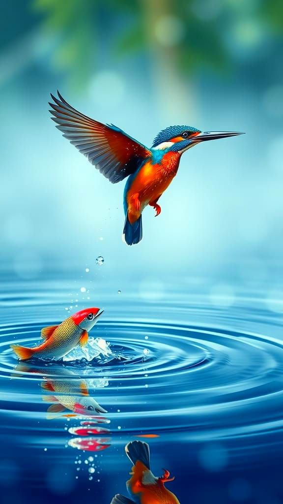 Kingfisher Captures Fish: A Pointillist Painting