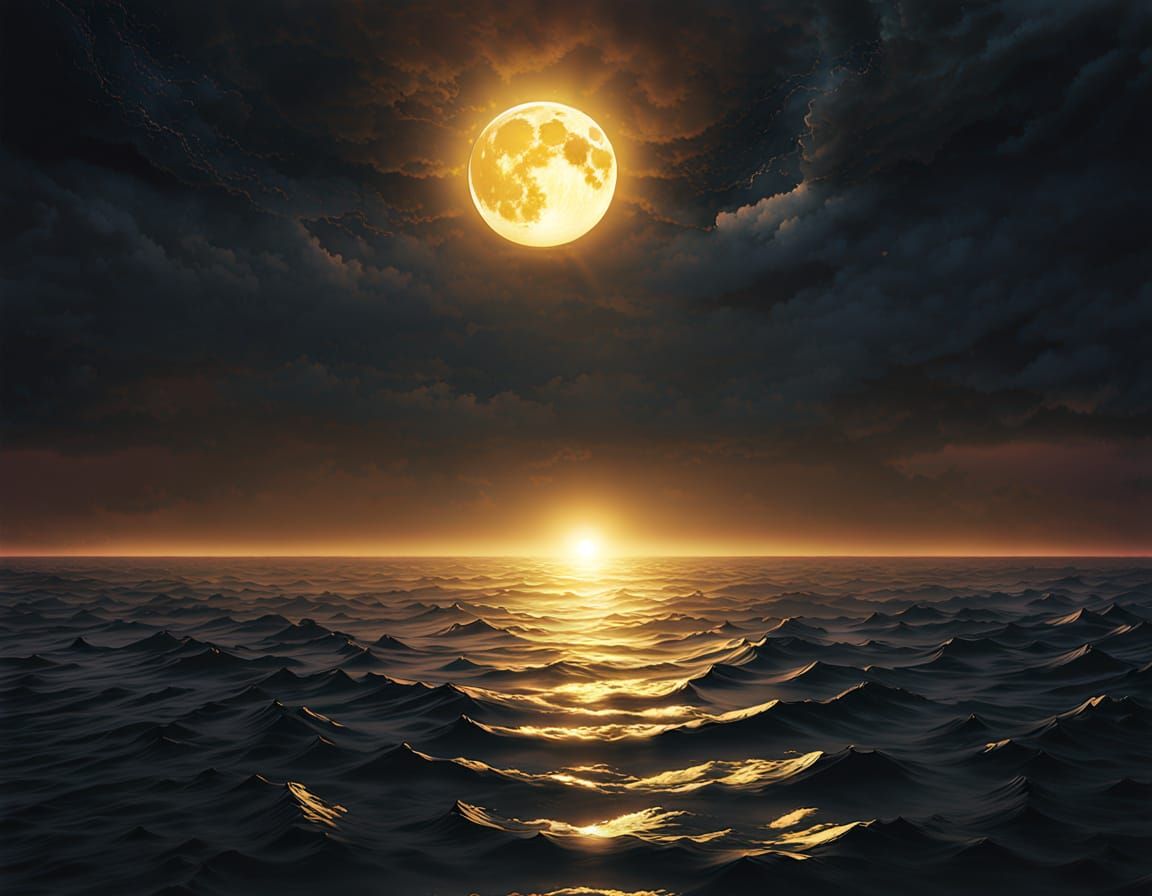 Golden Moon Over Serene Sea Digital Matte Painting