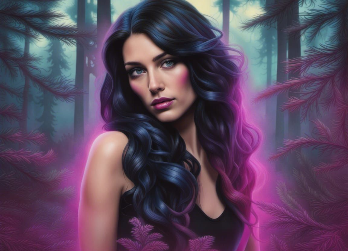 Neon Portrait in Botanical Forest: 3D Photorealistic Art