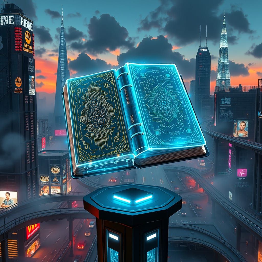 Cyberpunk Bible Levitates in Neon Metropolis