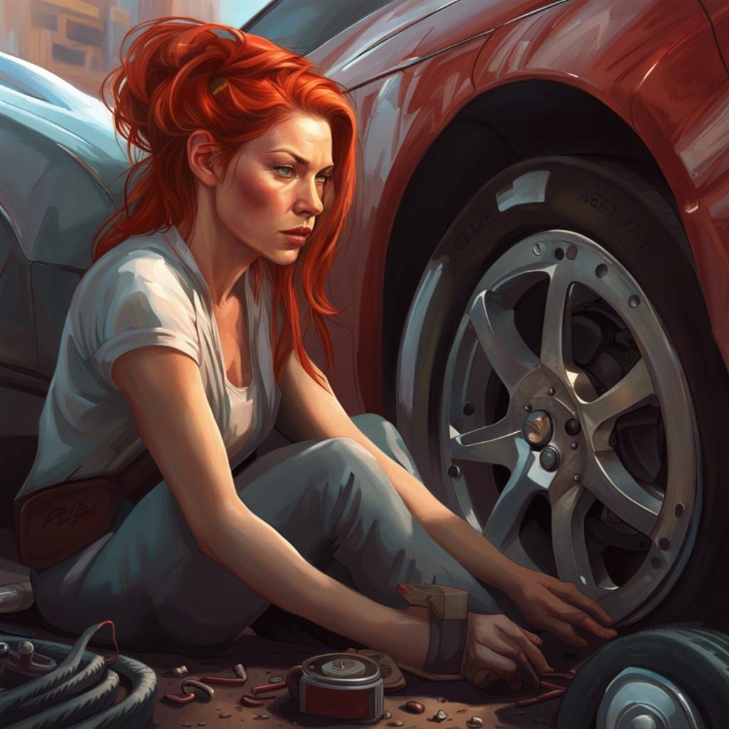 Futuristic Woman Changes Tire on Route 66