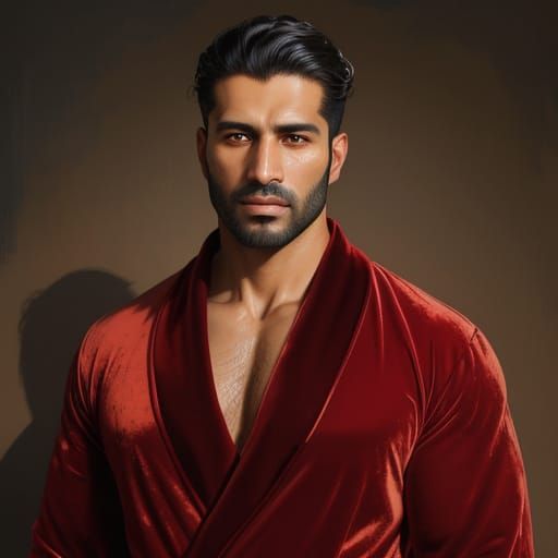 Serene Man in Red Robe, Gouache Style Portrait