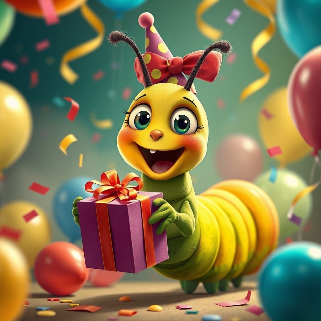 Excited Caterpillar at Birthday Party in Pixar Style