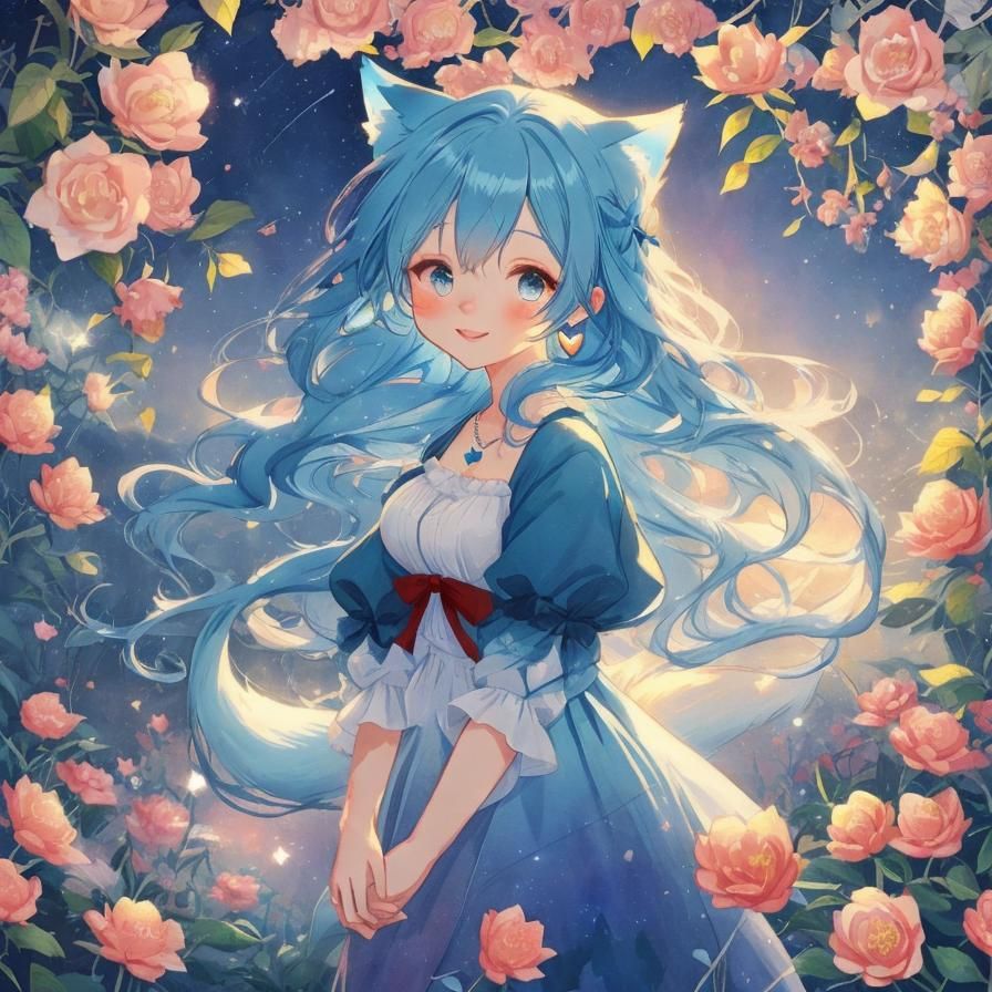 Cute Blue Haired Fox Girl with Heart