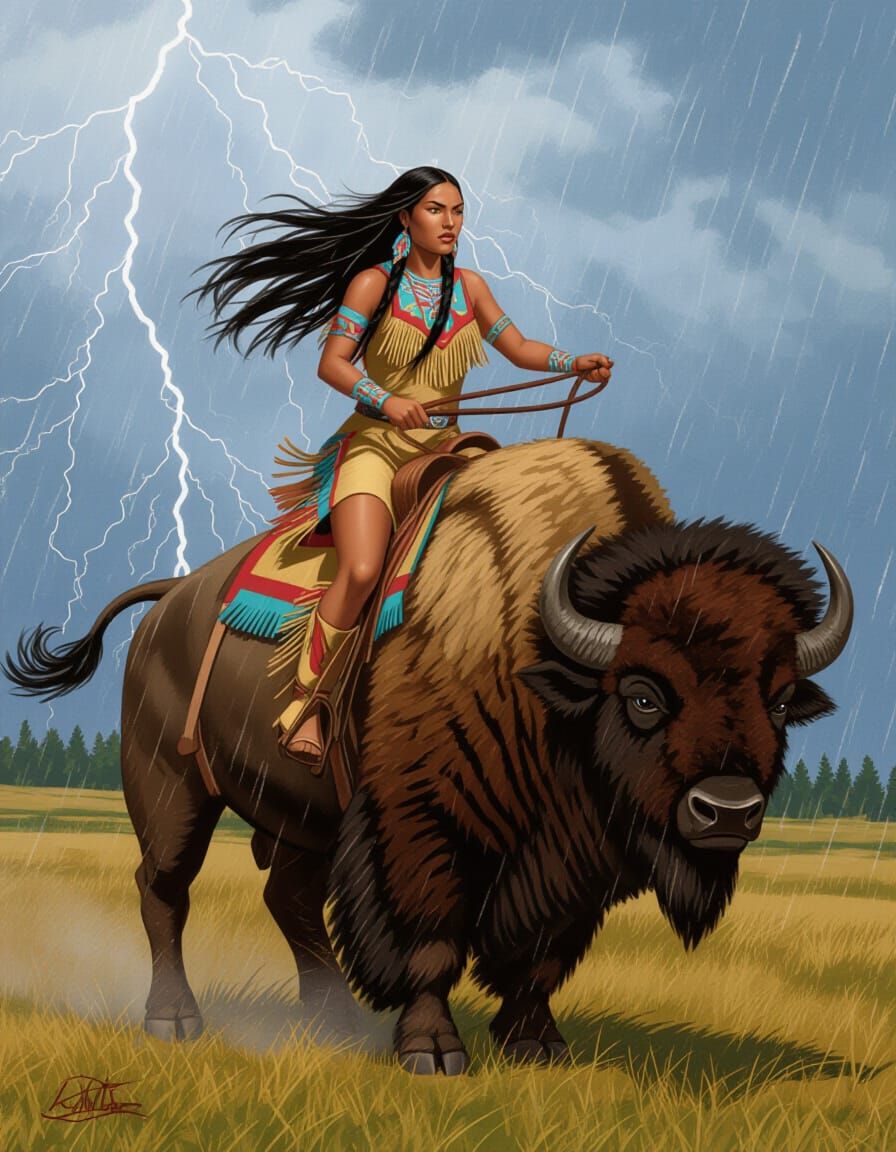 Native American Girl Rides Buffalo Through Storm