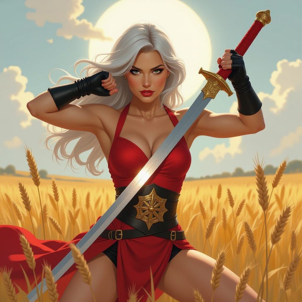 Silver-Haired Warrior in Golden Wheat Field