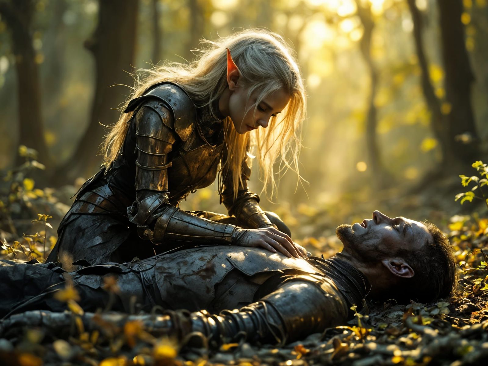 Despairing Elf Mourns Knight: Sci-Fi Fantasy Art