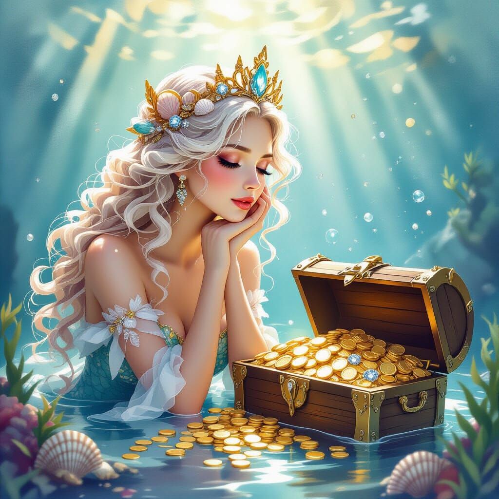 Celestial Mermaid Queen Gazes at Sunken Treasure
