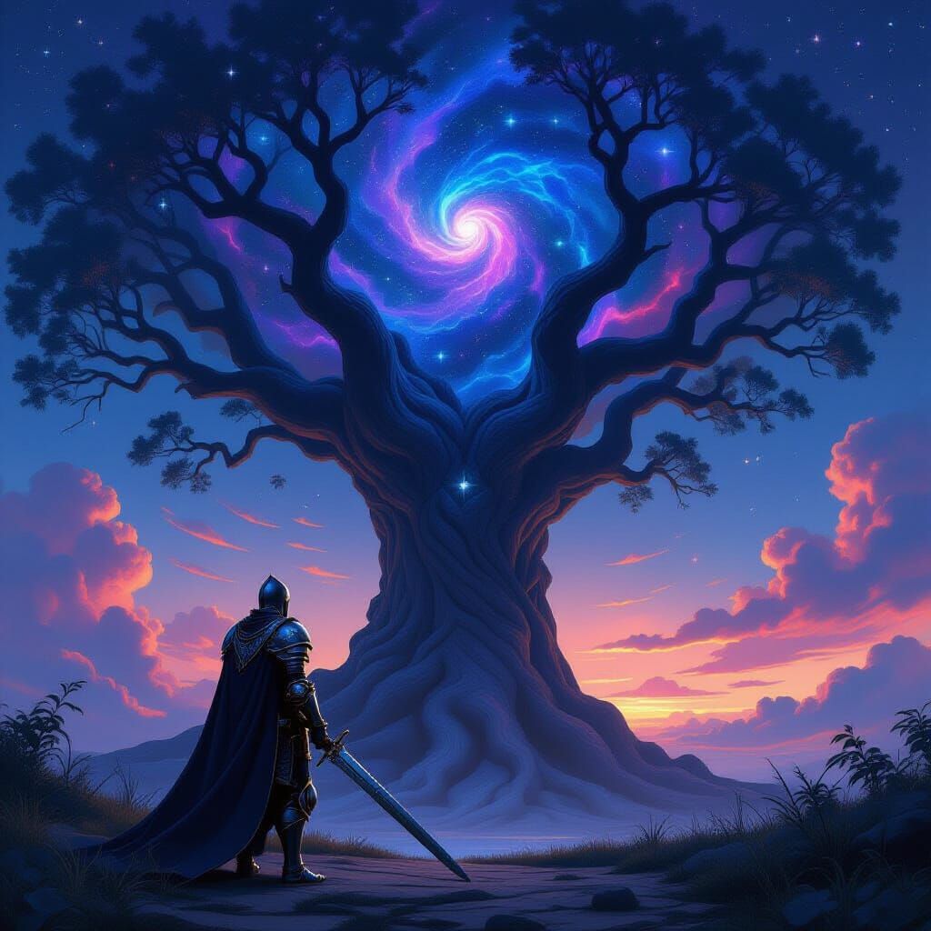 Knight Before Cosmic Tree Under Twilight Sky