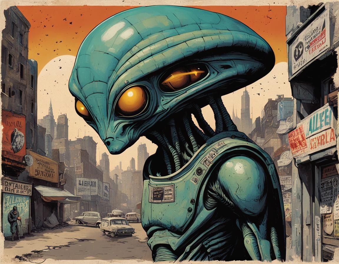 Dystopian Anti-Alien Propaganda Postcard on Street Art Utopi...