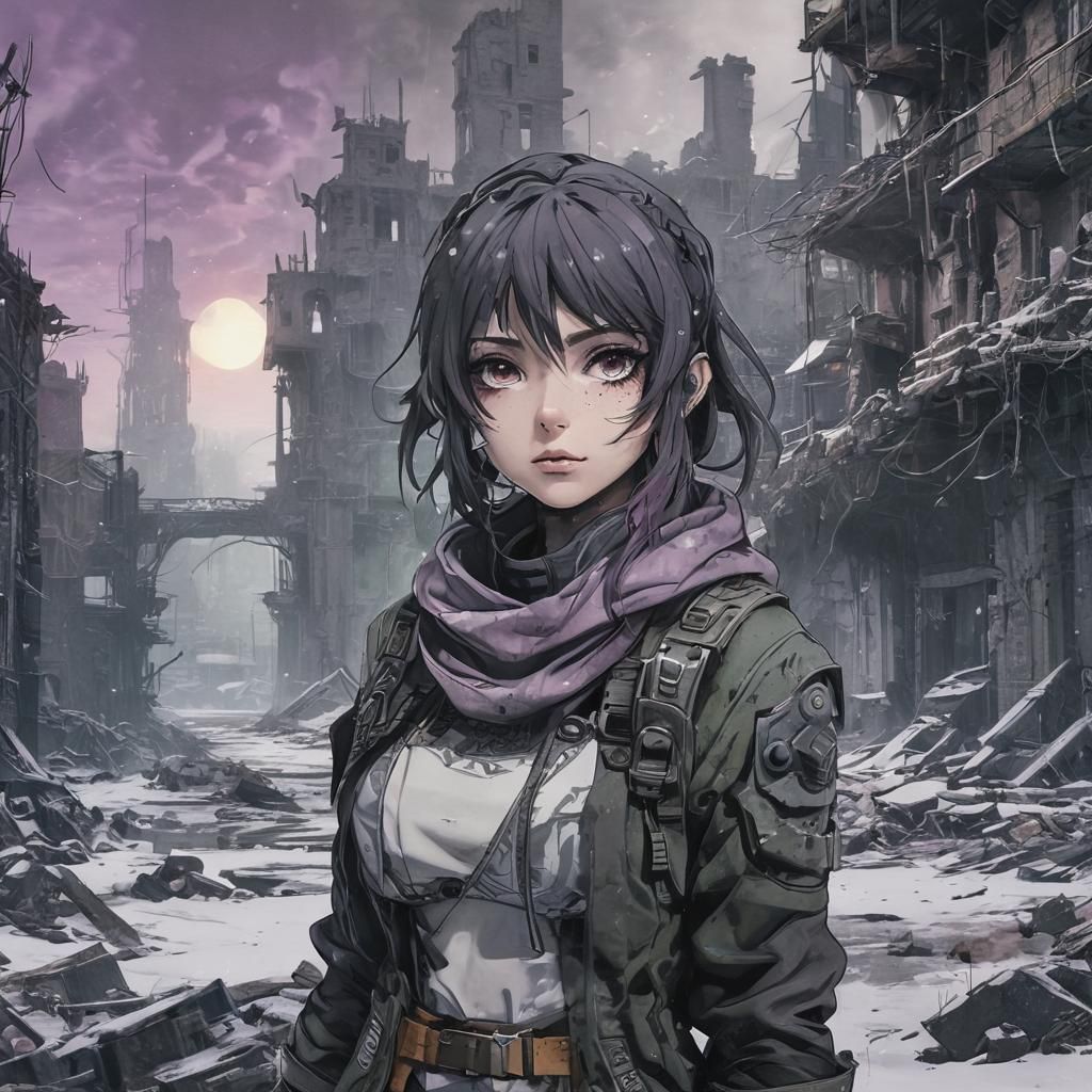 Cyberpunk Apocalypse Goddess in Winter Ruins