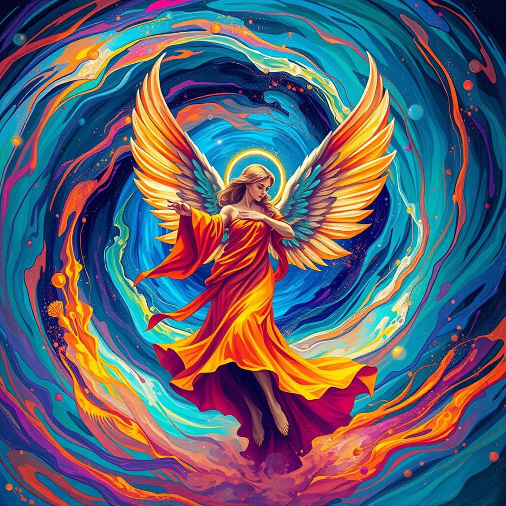 Surreal Angel Dances in Vibrant Water Spiral with Magical Ha...