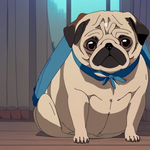 Pug with Blue Headband in Studio Ghibli Anime Style