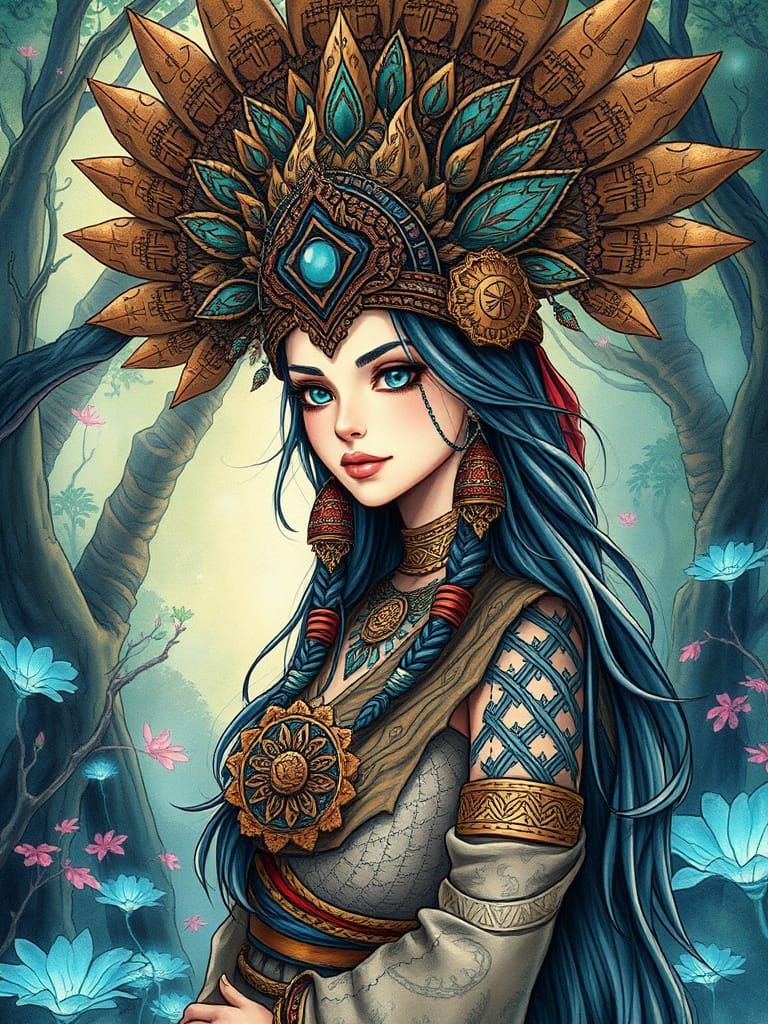 Mystical Woman in Enchanted Forest: Watercolor and Ink