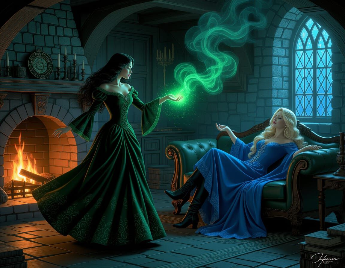 Ethereal Witchcraft Scene with Emerald and Blue Figures