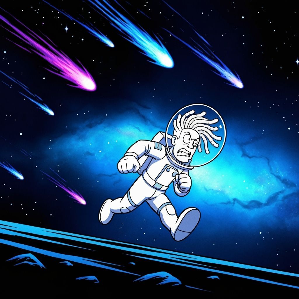 Cartoon Astronaut Panics in Space, Cel-Shaded Style