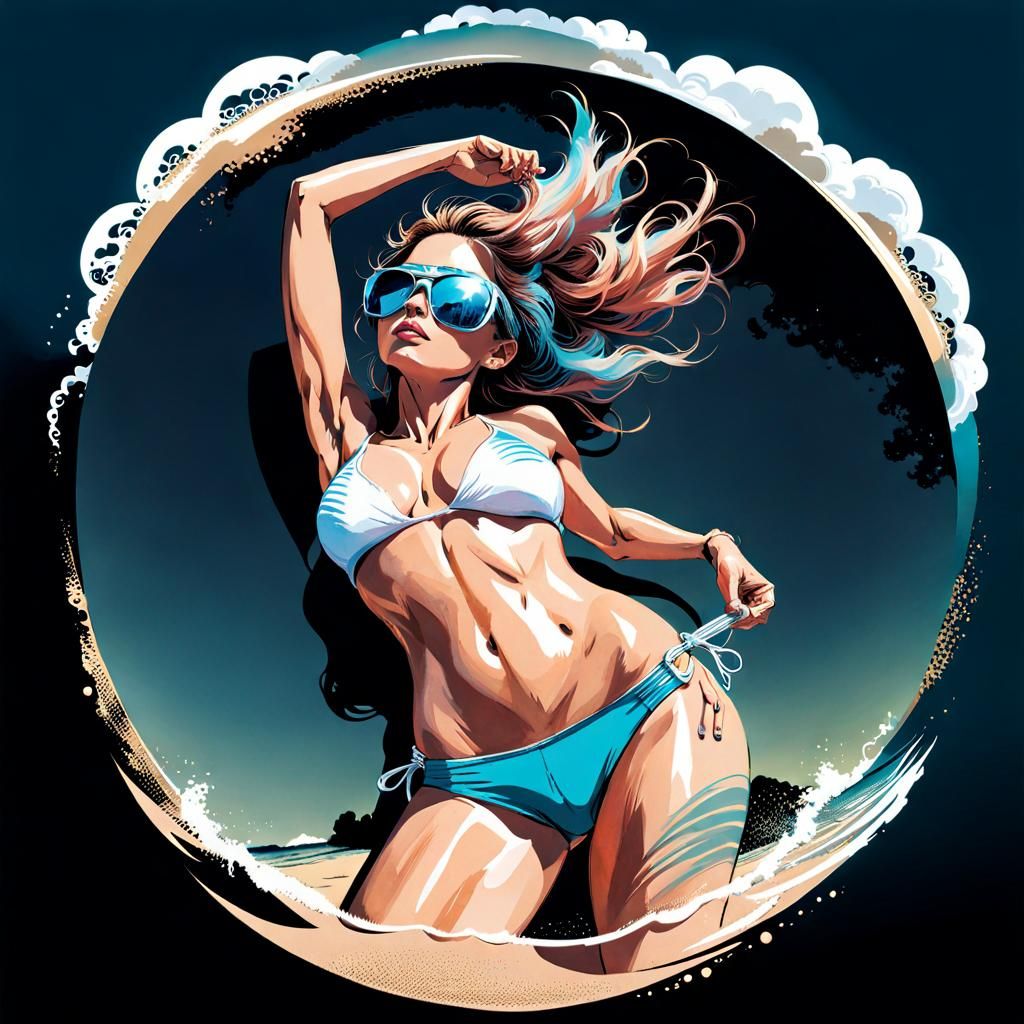 Athletic Woman on Beach in Carne Griffiths Style