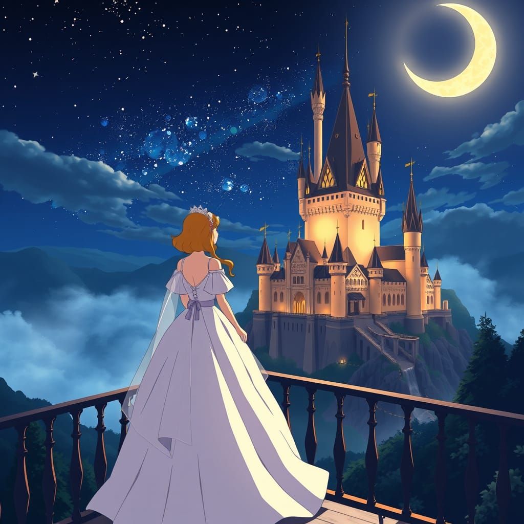 Anime Princess Overlooking Mystical Castle
